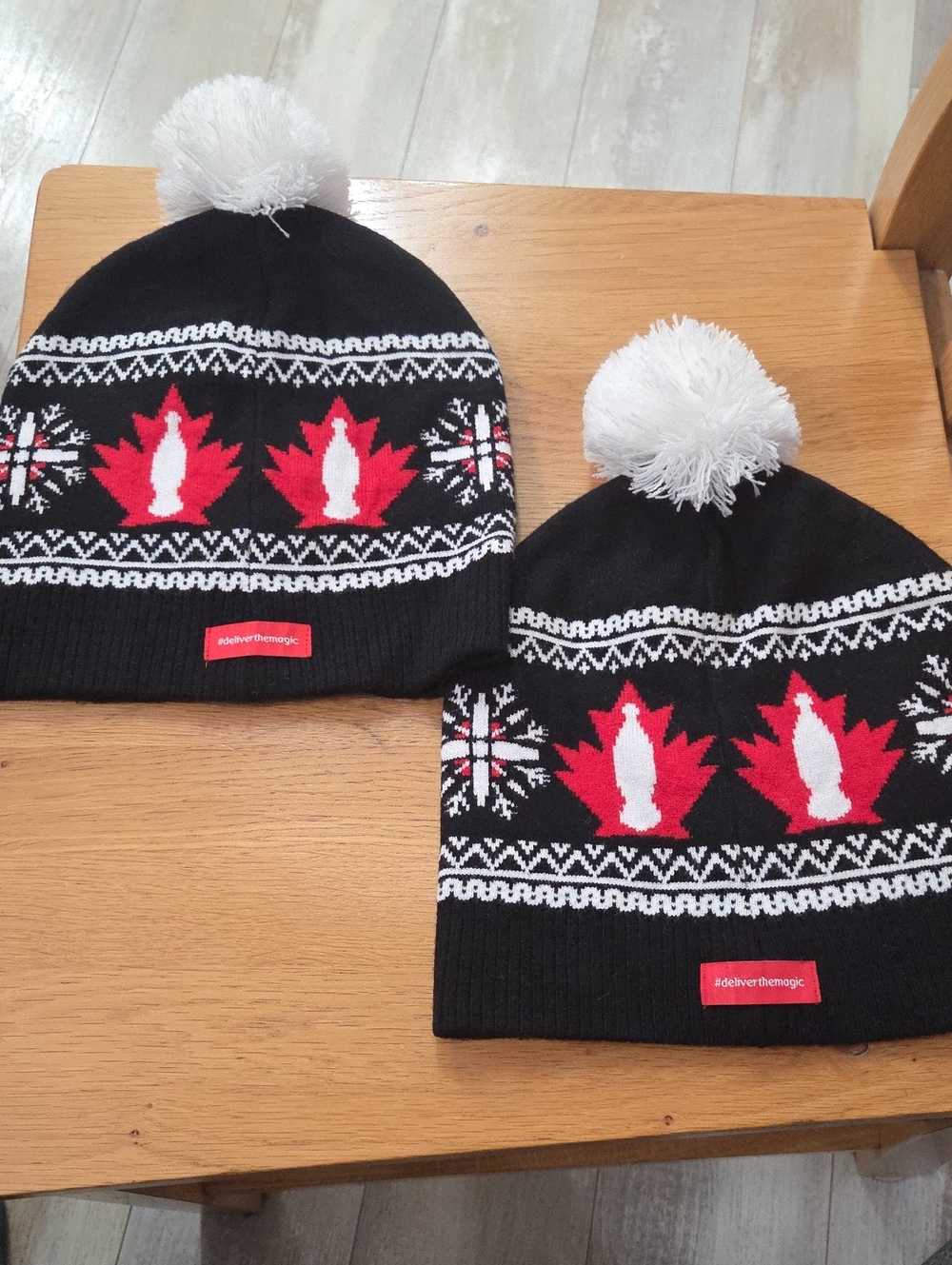 Coca Cola "#deliverthemagic" Black Knit Pom Beanie Red Maple Motif White Pom X2
